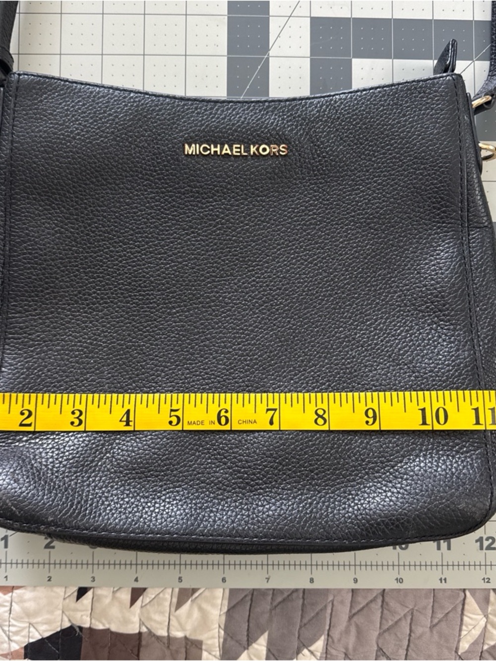 Michael Kors Black Pebbled Leather Messenger Bag with Gold Logo